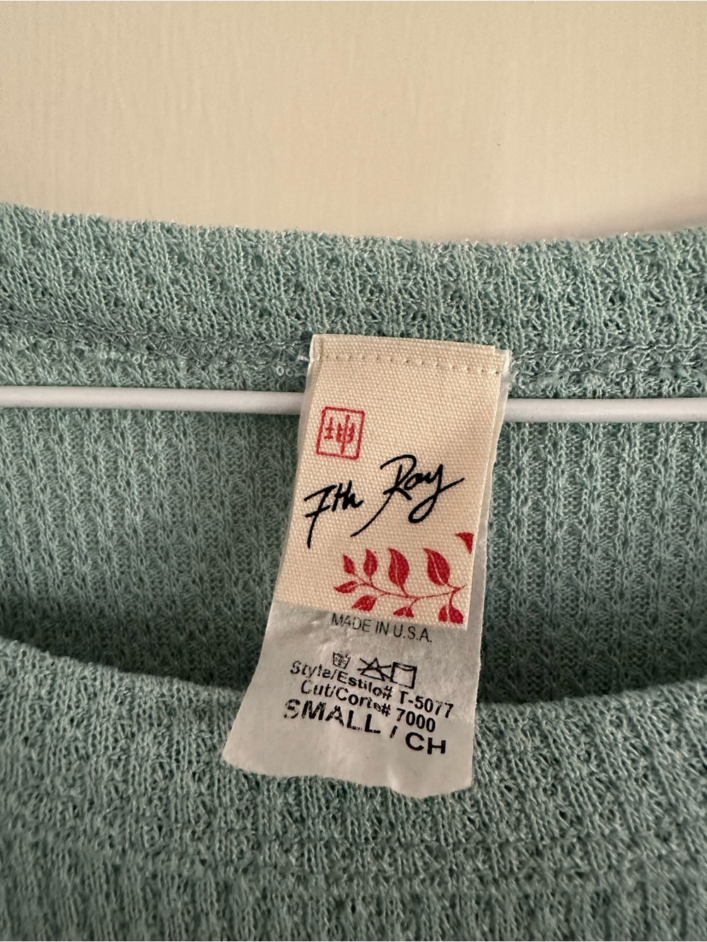 7th Ray Seafoam Green Waffle Knit Ruffle-Sleeve Top with Cream Raglan Sleeves - Picture 2 of 2